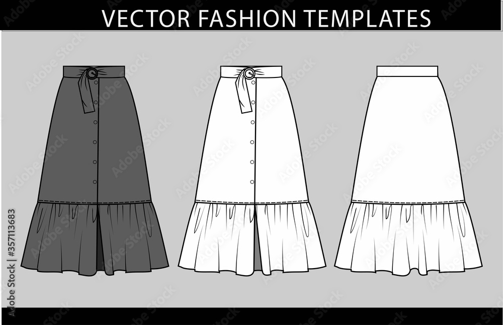 skirt fashion flat sketch template. skirt front and back view. Stock ...