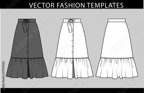 skirt fashion flat sketch template. skirt front and back view.