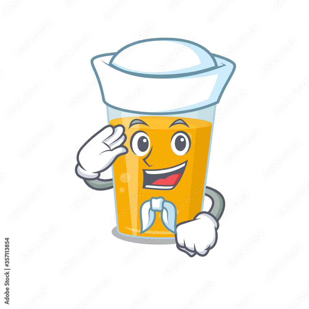 Smiley sailor cartoon character of glass of orange juice wearing white hat and tie Smiley sailor cartoon character of glass of orange juice wearing white hat and tie