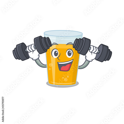 Glass of orange juice mascot design feels happy lift up barbells during exercise