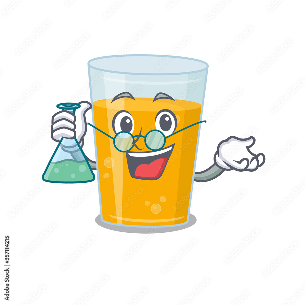 Obraz premium caricature character of glass of orange juice smart Professor working on a lab