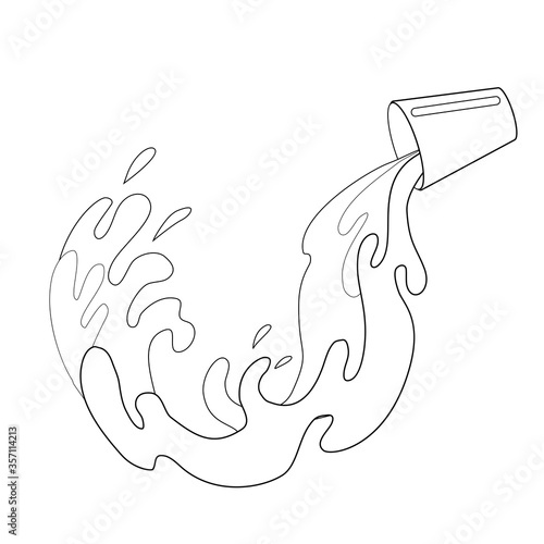 Outline illustration of pouring milk from a cup. Contour water flow. Black and white image of fluid. Vector line art element for menu, articles, coloring book and your design.