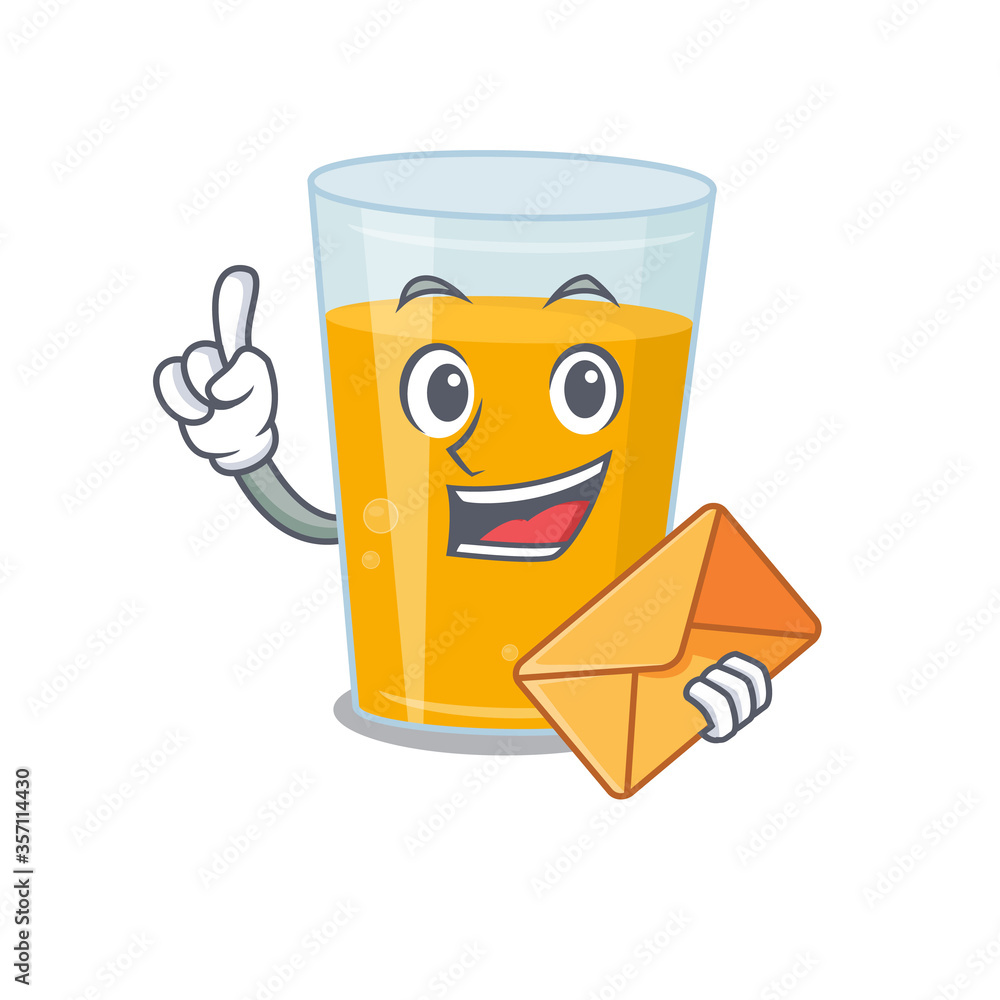 A picture of cheerful glass of orange juice cartoon design with brown envelope