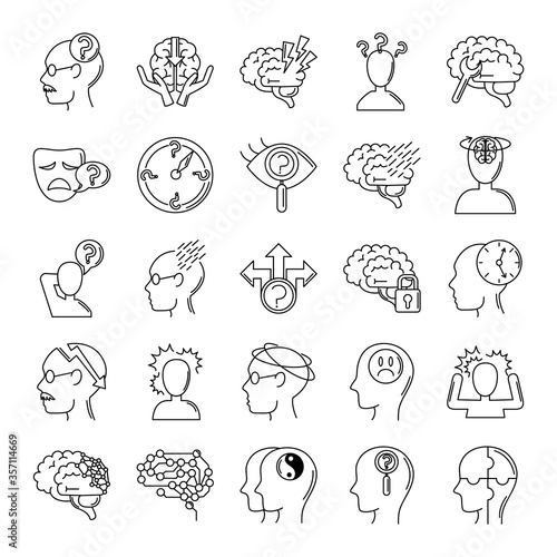 alzheimer disease, decrease in mental human ability icons set line style