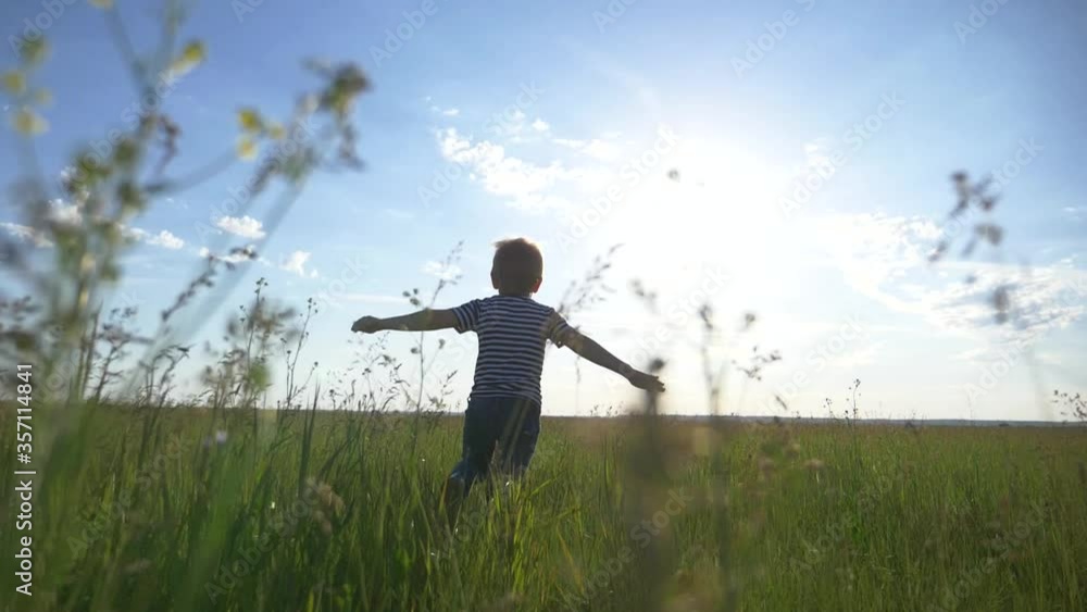A happy, lovely child runs through a green wheat field. The boy dreams of traveling by plane with his family. A happy childhood is a healthy way of life. A happy, lovely child runs through a green wheat field. The boy dreams of traveling by plane with his family. A happy childhood is a healthy way of life.