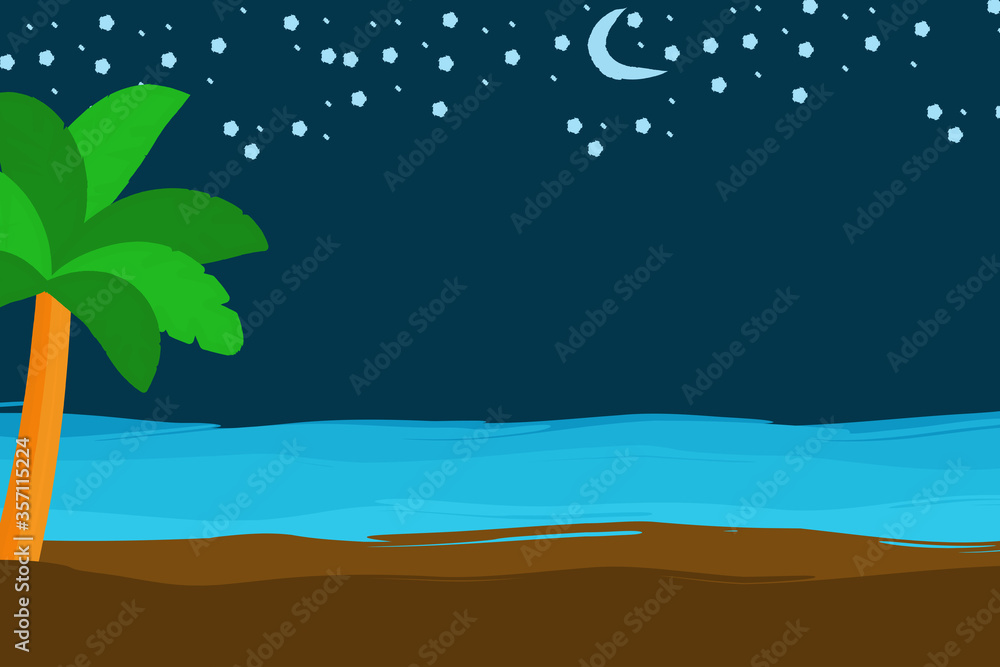 Tropical summer night scene with palm tree, sand, sea shore, Moon and stars, copy space for text.