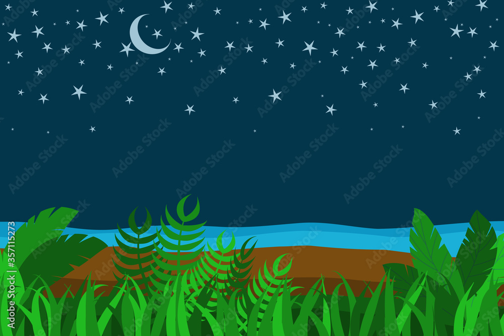 Tropical summer night scene with grass, plants,, sand, sea shore, Moon and stars, copy space for text.