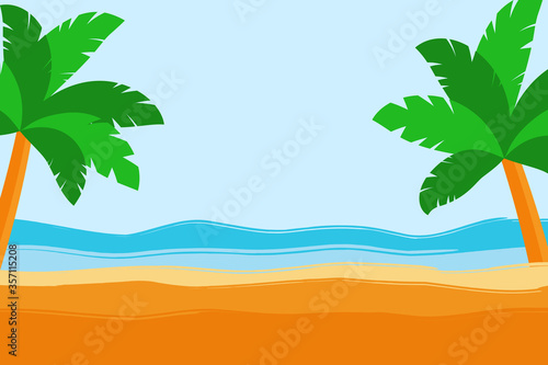 Tropical summer scene with palm trees  sand  sea shore  copy space for text.