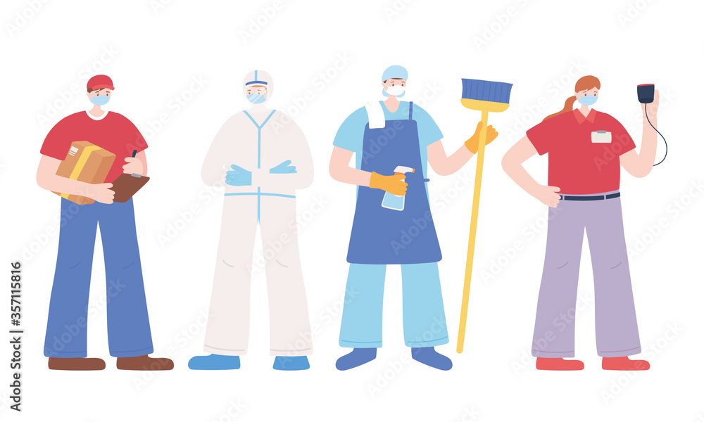 thank you essential workers concept, employees standing together, wearing face masks, various occupations, coronavirus covid 19 disease