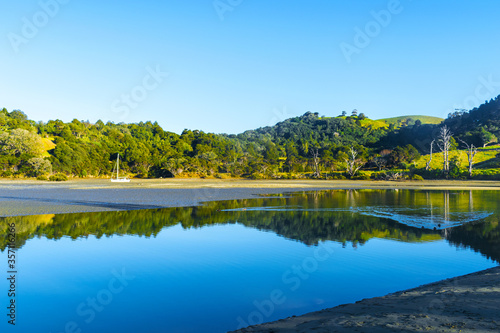 Panoramic Morning View of Wenderholm Beach Auckland New Zealand; During Low Tide Time; Regional Park