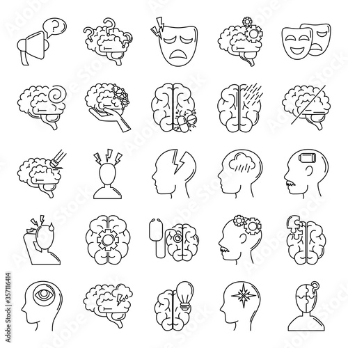 alzheimer disease, decrease in mental human ability icons set line style