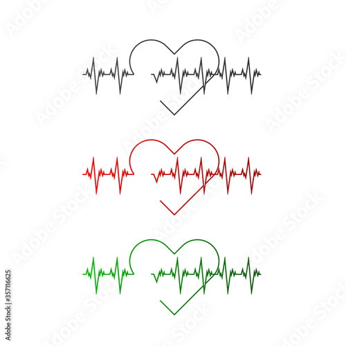 Heartbeat cardiogram or cardiograph. Vector electrocardiogram icon set. Heart rate. EKG or ECG test. Heart beat graph. Isolated graphic illustration. red and green.