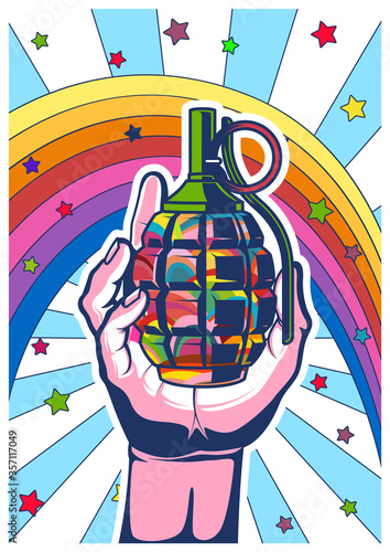  Hippie Style Psychedelic Art Poster Hand with Grenade, Colorful Background, Rainbow and Stars