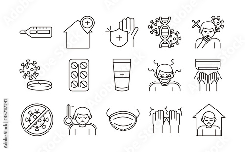 covid 19 coronavirus prevention, spread outbreak pandemic line style icons set