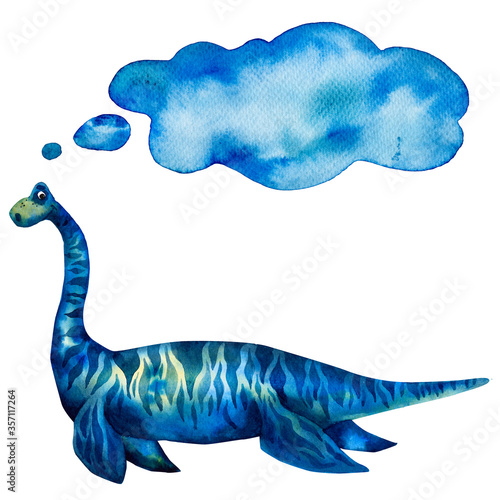 Cute blue watercolor blot texture. Hand drawn dino banner. Jurassic underwater animal. Plesiosaur character. Fun design for boys. Uderwater Prehistoric reptile character. Border frame. Textplate. photo