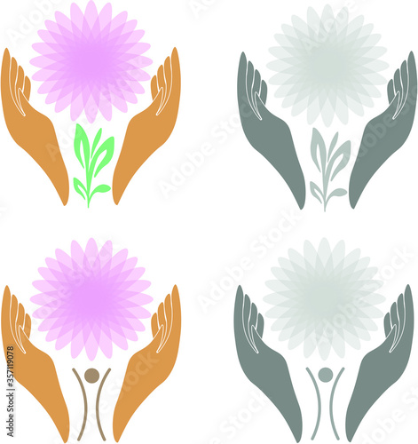 Logo, Ricky with a flower. Emblem of growth. The little man reaches for the flower. Plant cultivation. Healing.