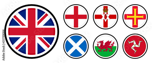 set of round icons. united kingdom, england, northern ireland, wales, scotland, isle of man and guernsey flags. isolated on white background