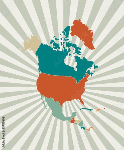 North America map. Poster with map of the continent in retro color palette. Shape of North America with sunburst rays background. Vector illustration.