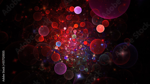 Colorful red and blue shiny bubbles. Abstract holiday background. Fantastic light effect. Digital fractal art. 3d rendering.