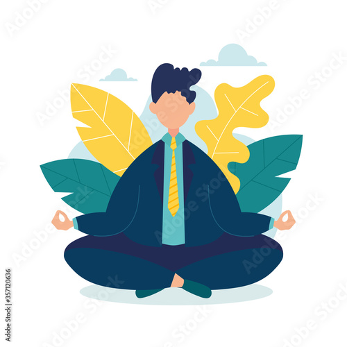 Businessman in yoga pose. Businessman in zen state meditation. Office relaxing exercise for human health stress control concept. Vector illustration