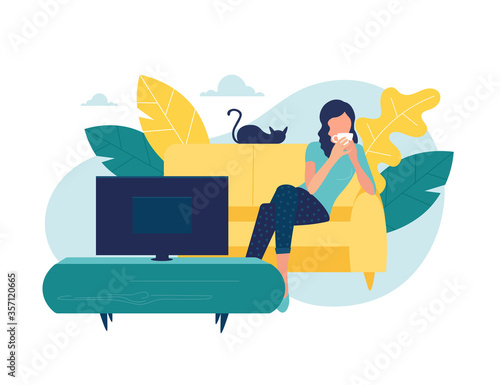 Young woman watches TV. Girl lying on couch with coffee mug and watching television show series. Female resting at cozy living room after work and watches movie. Vector illustration.