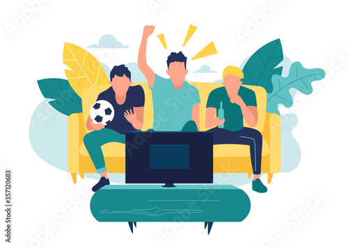 Fans watching the live broadcast of the match on TV and cheer for their team. Vector illustration in flat style