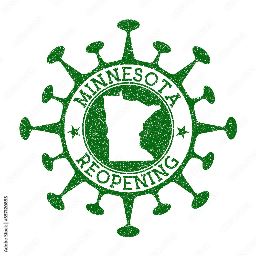 Minnesota Reopening Stamp. Green round badge of us state with map of Minnesota. Us state opening after lockdown. Vector illustration.