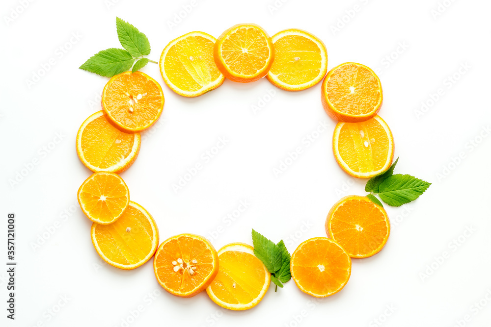 Frame sliced citrus mix white background top view Frame sliced citrus mix white background top view