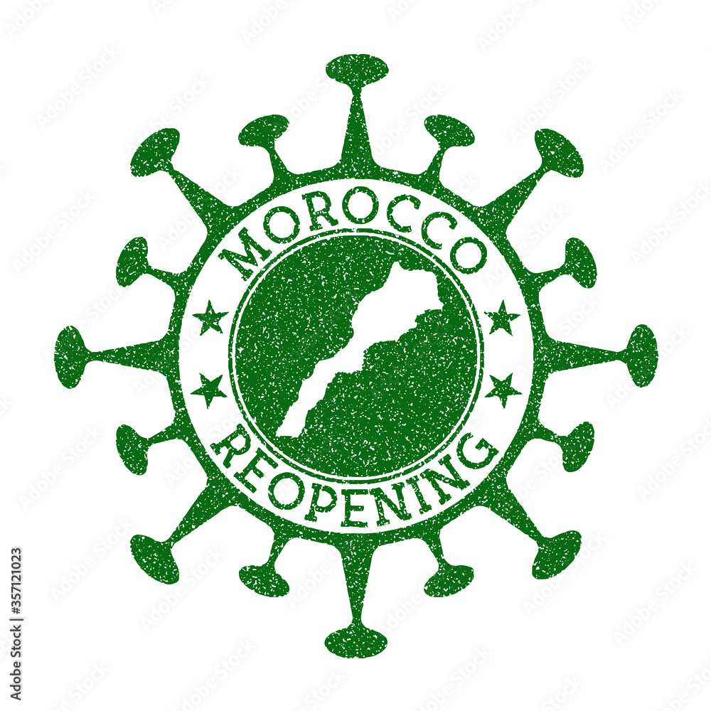 Morocco Reopening Stamp. Green round badge of country with map of Morocco. Country opening after lockdown. Vector illustration.
