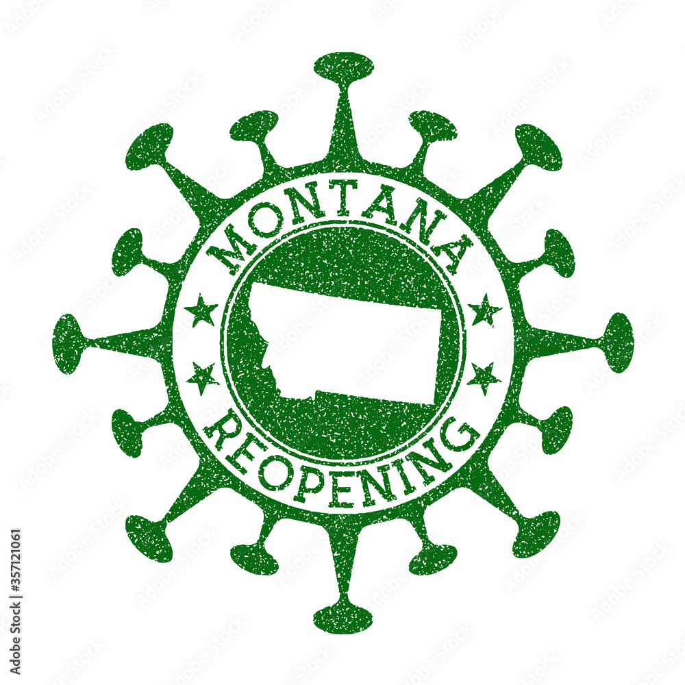 Montana Reopening Stamp. Green round badge of US state with map of Montana. US state opening after lockdown. Vector illustration. Montana Reopening Stamp. Green round badge of US state with map of Montana. US state opening after lockdown. Vector illustration.