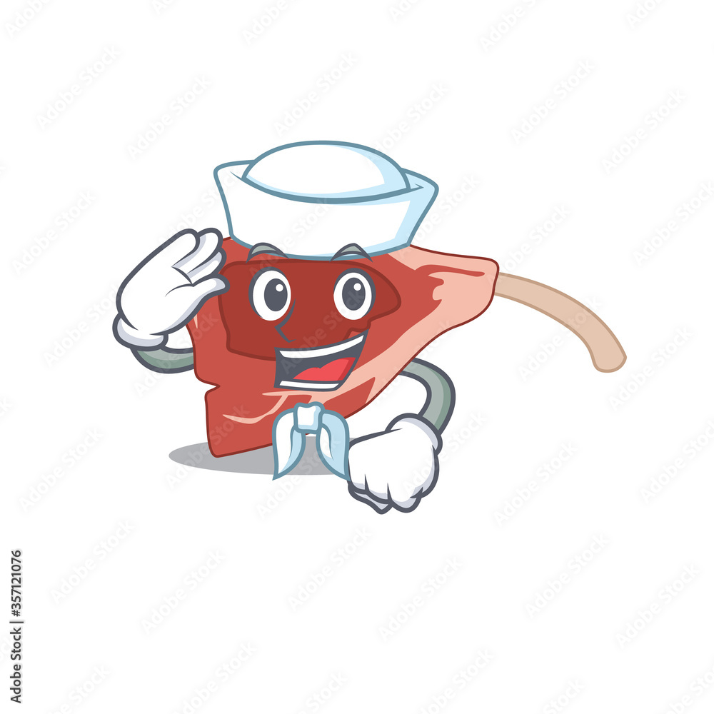 Smiley sailor cartoon character of lamb chop wearing white hat and tie