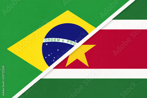 Brazil and Suriname  symbol of two national flags from textile. Championship between two American countries.