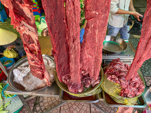 Beef meat and intestine for sale at market in Vietnam