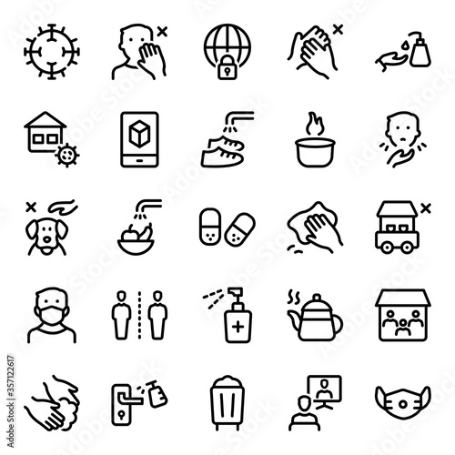Virus Prevention Line Icon Set - Vector Illustration . Washing, Cleaning, Quarantine, Coronavirus Icons .