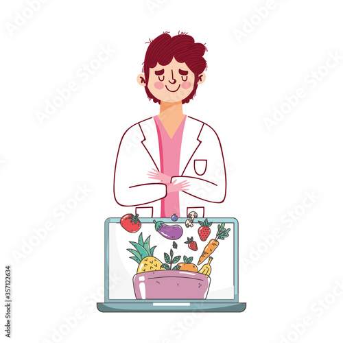 dietitian doctor laptop fresh market organic healthy food with fruits and vegetables