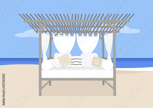 A cozy daybed with curtains and pillows on the beach, outdoor leisure, summertime, sea, ocean view, sun lounger, no people