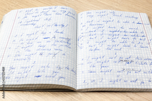 Sheets of school student notebook scribbled with a blue ballpoint pen.