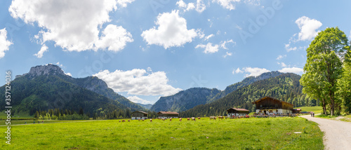 Panorama of mountain Hörndlwand with Röthelmoosalmen near Ruhpolding