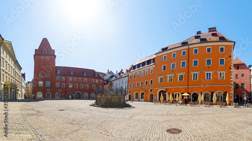 Historic buildings at plaza Haidplatz in Regensburg