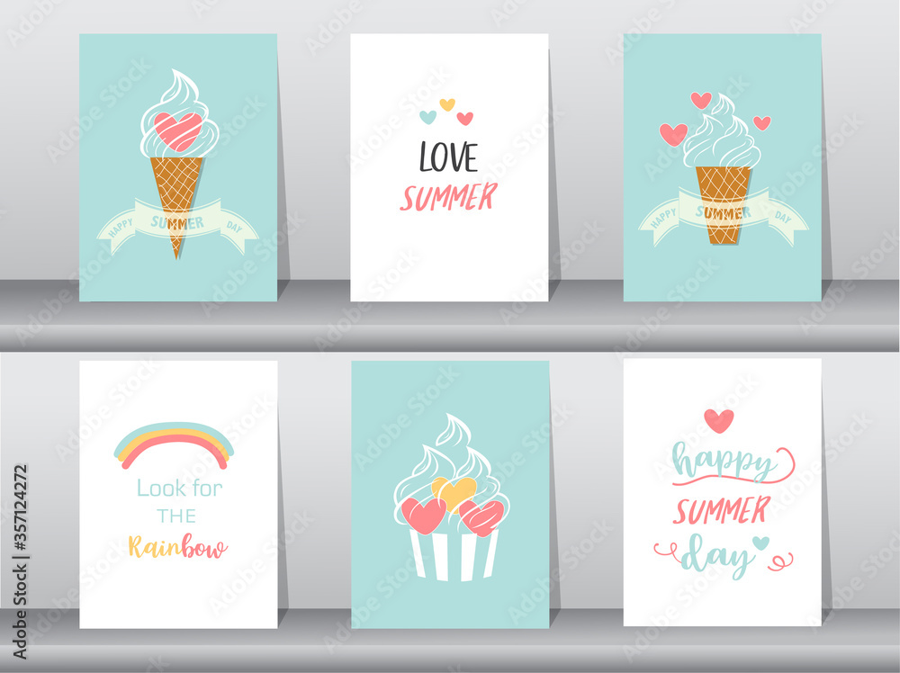 Plakat Collection of ice cream invitation card,Happy national ice cream day,poster, greeting, template,cone,sundea,scoop,Vector illustrations