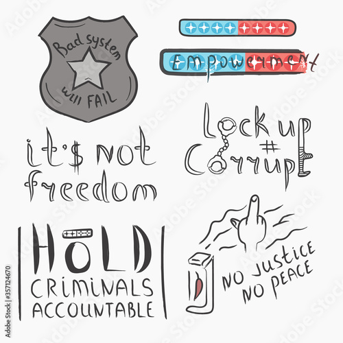 Protest banner for positive changes. Police injustice sticker set. Vector isolated illustration.