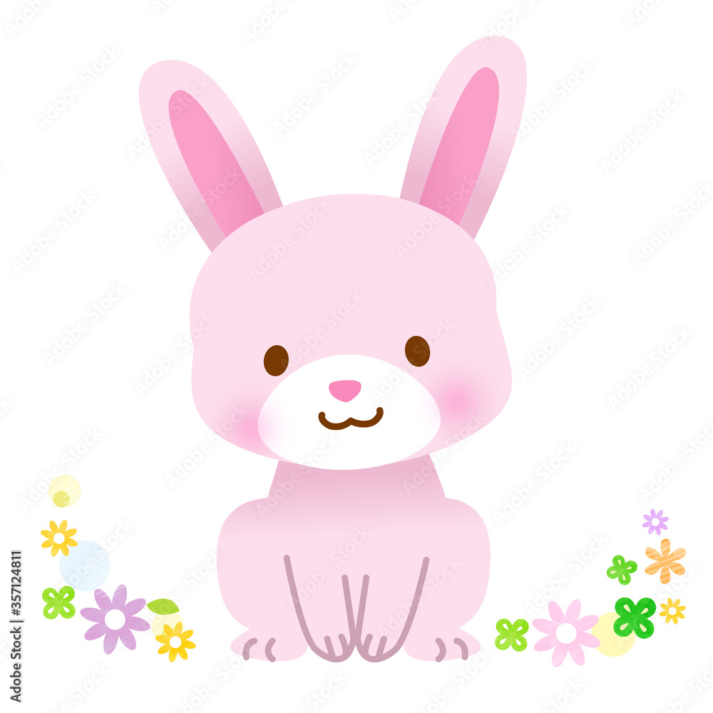 花に囲まれたかわいいピンクのうさぎ 花に囲まれたかわいいピンクのうさぎ