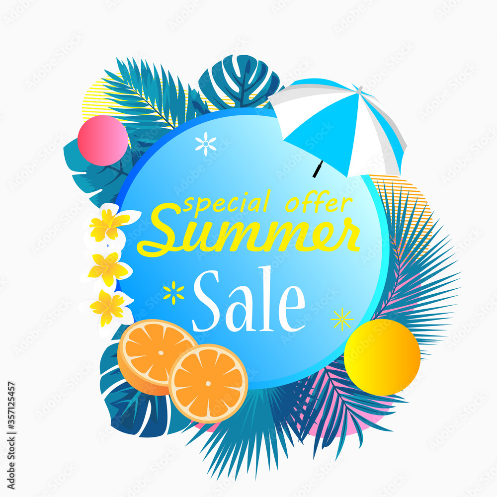 special offer summer sale poster promotion with gradient color and tropical floral frame