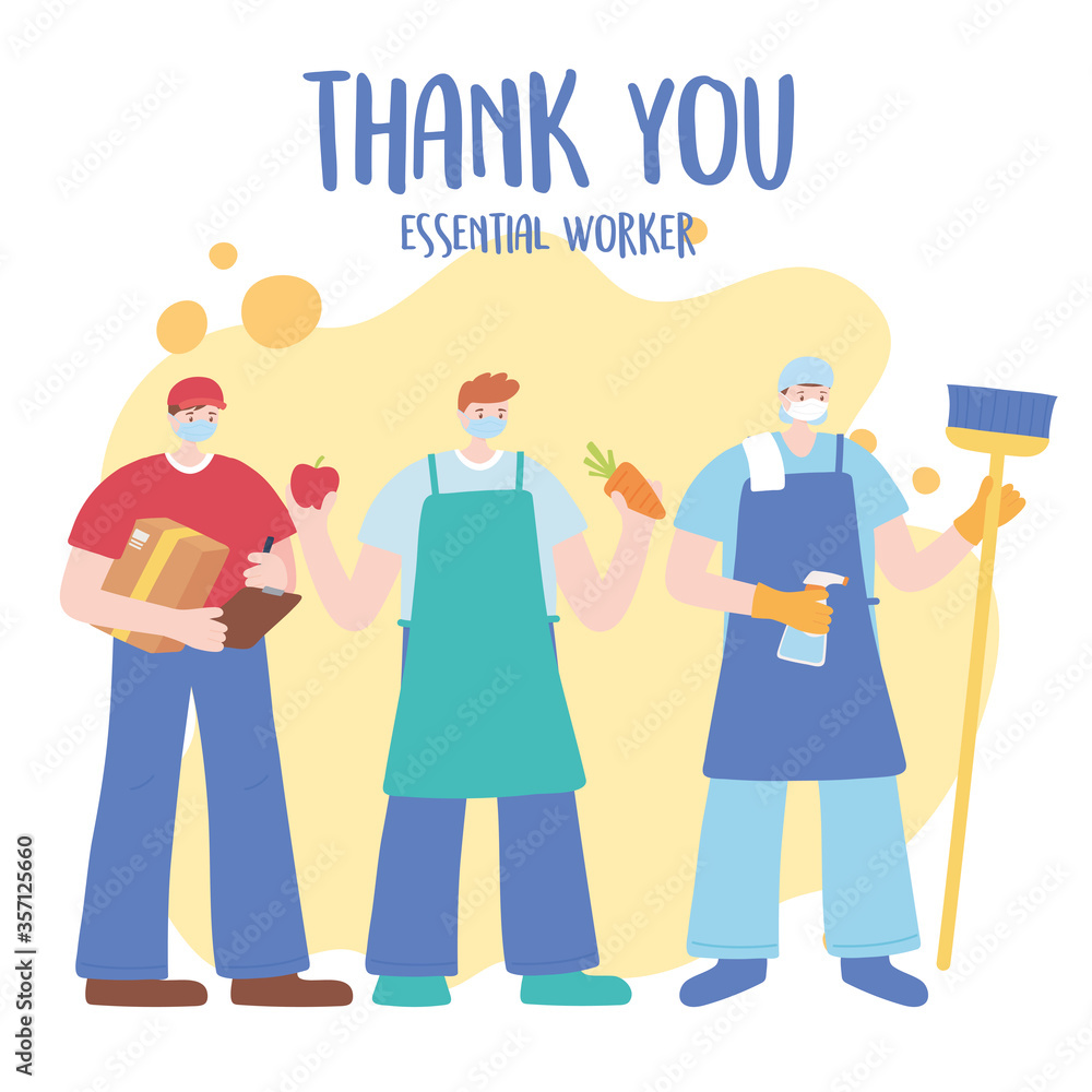thank you essential workers concept, people with different uniforms, wearing face masks, various occupations, coronavirus covid 19 disease thank you essential workers concept, people with different uniforms, wearing face masks, various occupations, coronavirus covid 19 disease