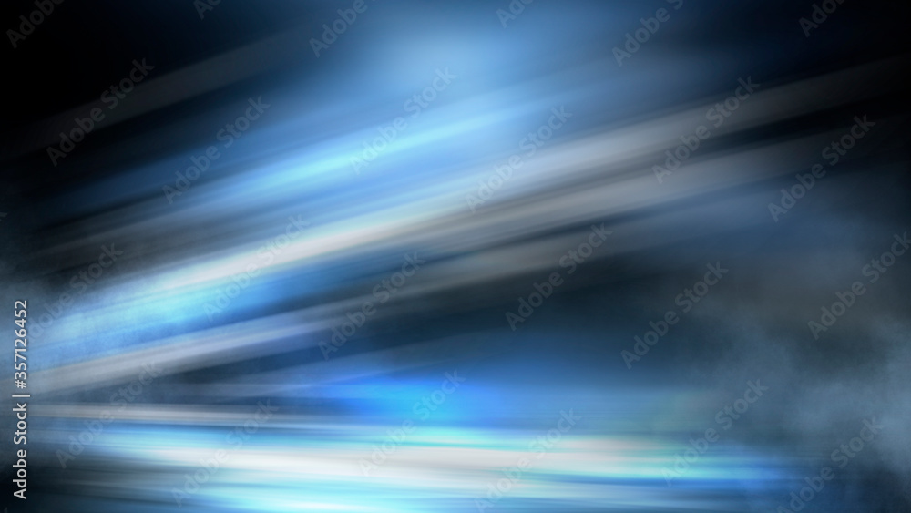 Dark dramatic abstract scene background. Neon glow reflected on the pavement. Smoke, smog and fog. Dark street, wet asphalt, reflections of rays in the water. Abstract dark blue background. Dark dramatic abstract scene background. Neon glow reflected on the pavement. Smoke, smog and fog. Dark street, wet asphalt, reflections of rays in the water. Abstract dark blue background.