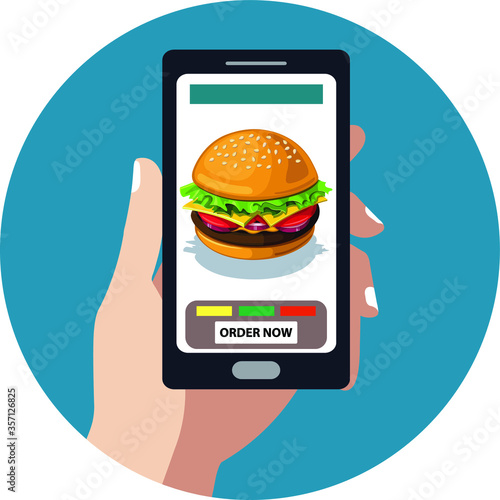 Online food order.
A smartphone with a hamburger image menu for online food order.
Online food apps with a burger image on menu.
Food online delivery service.