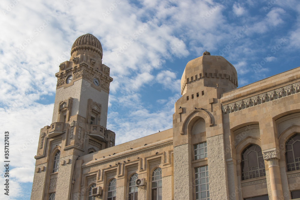 Main building of the Azerbaijan Railways. Clock tower in Baku.