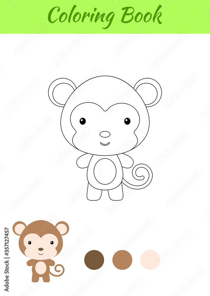 Fototapeta premium Coloring page happy little baby monkey. Coloring book for kids. Educational activity for preschool years kids and toddlers with cute animal. Flat cartoon colorful vector illustration
