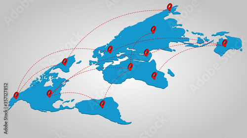 Top view map showing links of locations around the world with world map and position symbol, vector