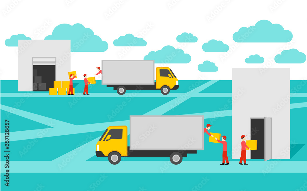 Fototapeta premium Door-to-door delivery service conceptual illustration - cargo truck shipment with loaders team